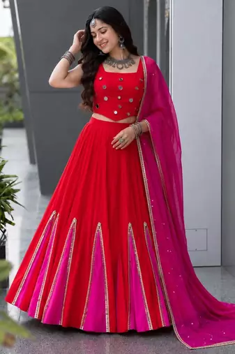 multicolor cotton poly embroidered traditional lehenga choli with free size upto 38