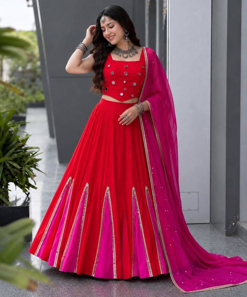 multicolor cotton poly embroidered traditional lehenga choli with free size upto 38