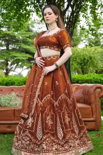 brown silk blend embroidered traditional lehenga choli