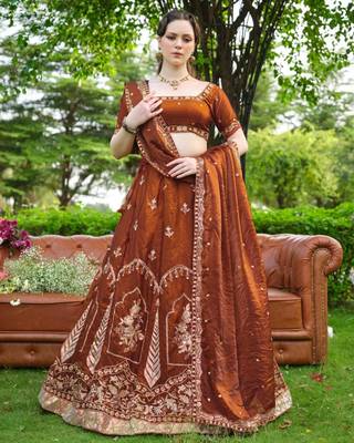 brown silk blend embroidered traditional lehenga choli 1