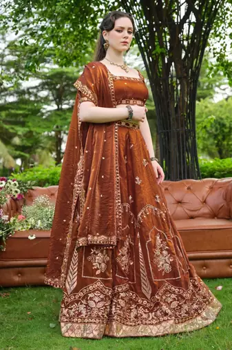 brown silk blend embroidered traditional lehenga choli