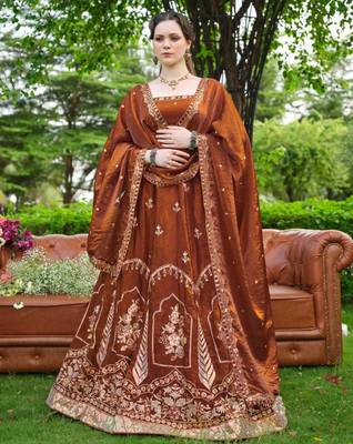 brown silk blend embroidered traditional lehenga choli 4