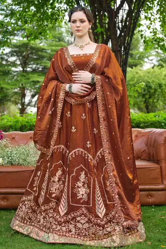 brown silk blend embroidered traditional lehenga choli