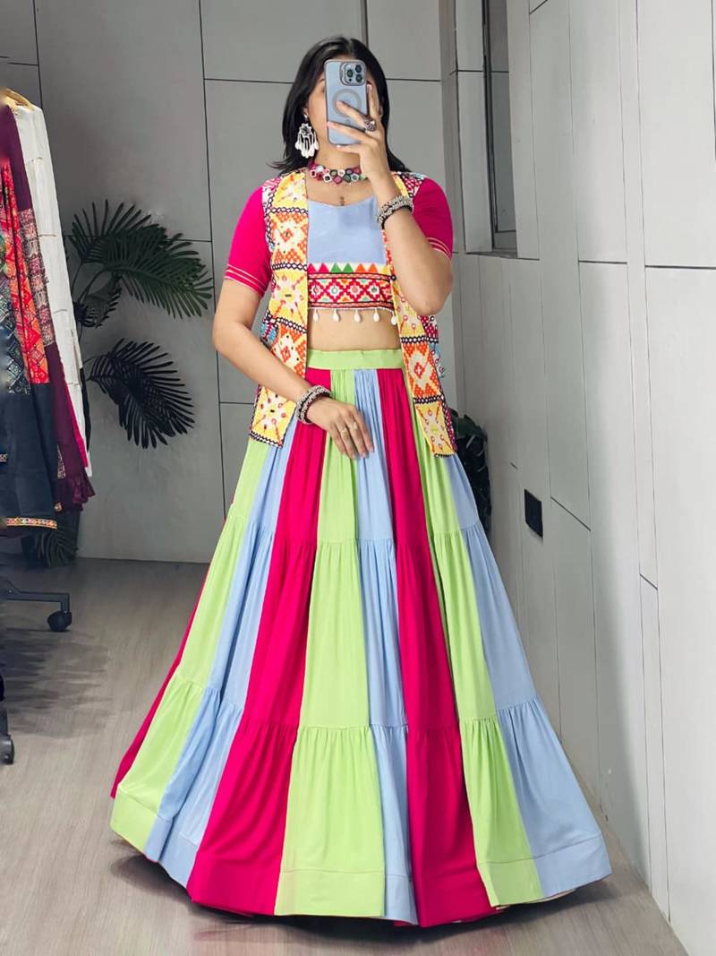 multicolor cotton poly embroidered traditional lehenga choli with free size upto 44