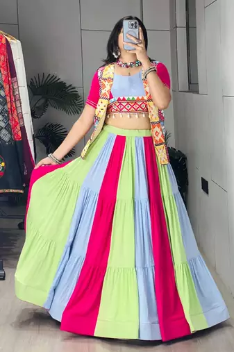 multicolor cotton poly embroidered traditional lehenga choli with free size upto 44