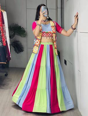 multicolor cotton poly embroidered traditional lehenga choli with free size upto 44 4