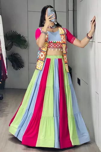 multicolor cotton poly embroidered traditional lehenga choli with free size upto 44