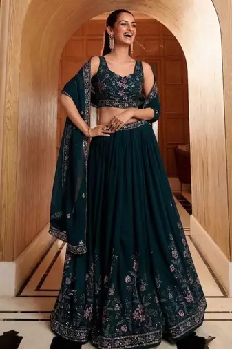 dark green georgette embroidered traditional lehenga choli