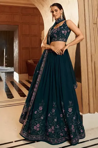 dark green georgette embroidered traditional lehenga choli