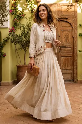 beige silk blend plain traditional lehenga choli with free size upto 44