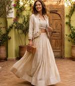 beige silk blend plain traditional lehenga choli with free size upto 44