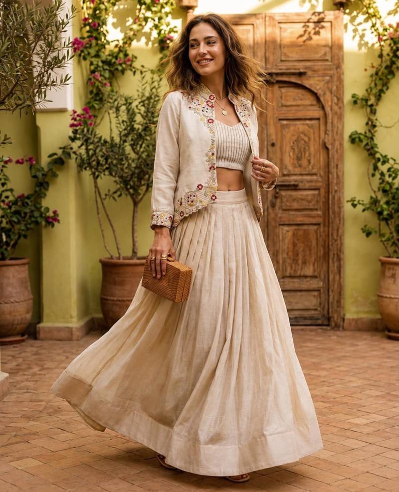 beige silk blend plain traditional lehenga choli with free size upto 44