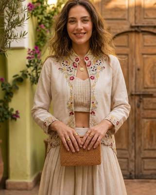 beige silk blend plain traditional lehenga choli with free size upto 44 2