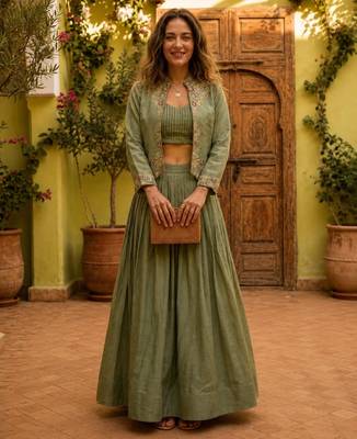 olive silk blend plain traditional lehenga choli with free size upto 44 1