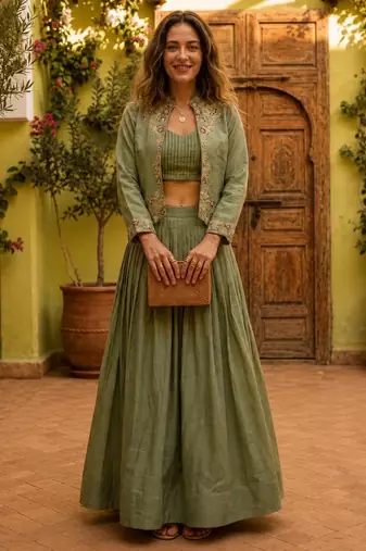 olive silk blend plain traditional lehenga choli with free size upto 44