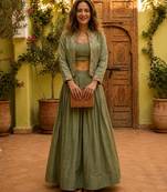 olive silk blend plain traditional lehenga choli with free size upto 44