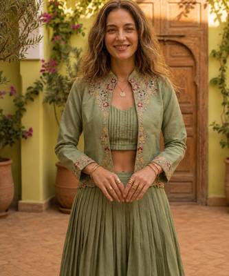 olive silk blend plain traditional lehenga choli with free size upto 44 2