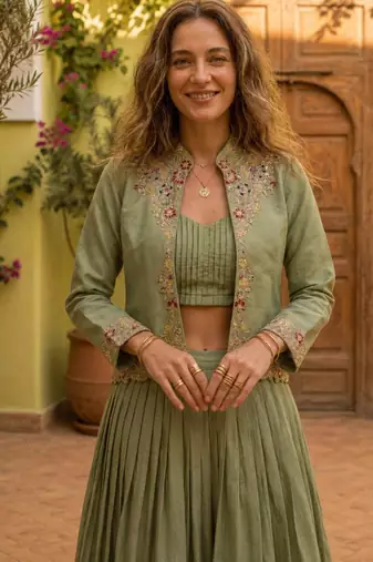 olive silk blend plain traditional lehenga choli with free size upto 44