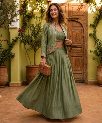 olive silk blend plain traditional lehenga choli with free size upto 44 3