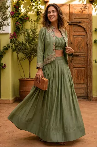 olive silk blend plain traditional lehenga choli with free size upto 44