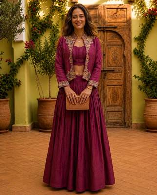 wine silk blend plain traditional lehenga choli with free size upto 44 1