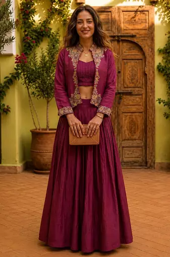 wine silk blend plain traditional lehenga choli with free size upto 44