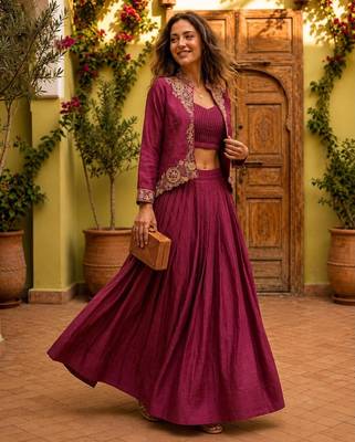 wine silk blend plain traditional lehenga choli with free size upto 44 2