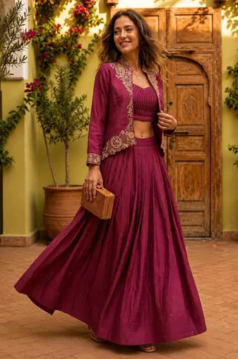 wine silk blend plain traditional lehenga choli with free size upto 44