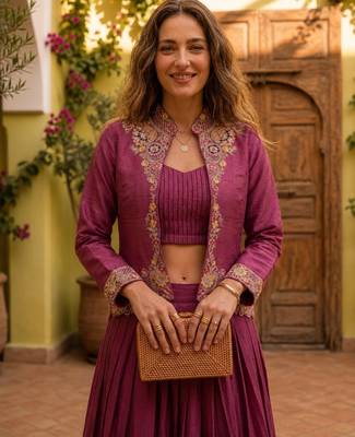 wine silk blend plain traditional lehenga choli with free size upto 44 3