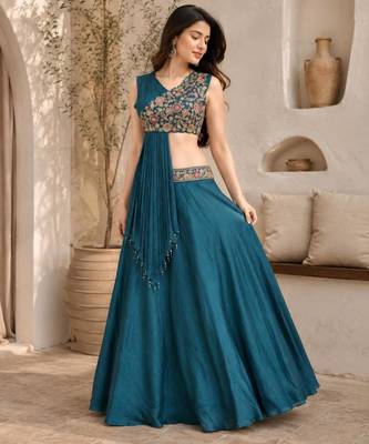 teal silk blend plain traditional lehenga choli with free size upto 44 1