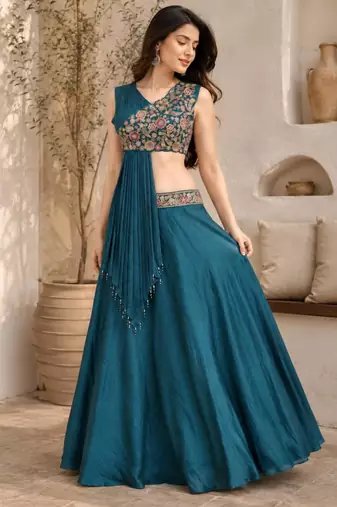 teal silk blend plain traditional lehenga choli with free size upto 44
