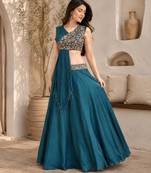teal silk blend plain traditional lehenga choli with free size upto 44