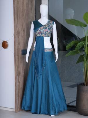 teal silk blend plain traditional lehenga choli with free size upto 44 3