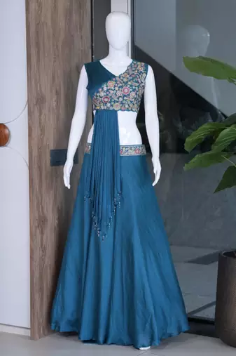 teal silk blend plain traditional lehenga choli with free size upto 44