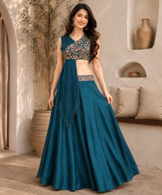 teal silk blend plain traditional lehenga choli with free size upto 44 4