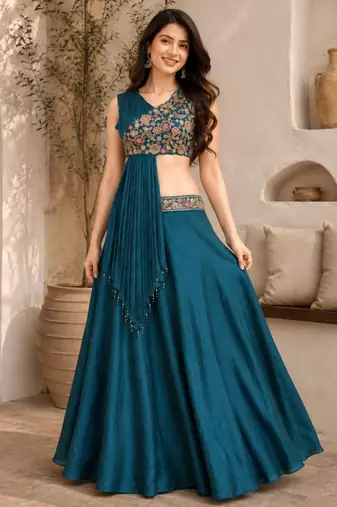 teal silk blend plain traditional lehenga choli with free size upto 44
