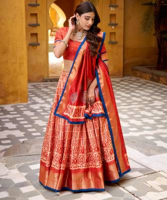 orange silk blend printed traditional lehenga choli 1
