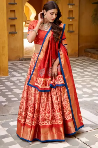 orange silk blend printed traditional lehenga choli
