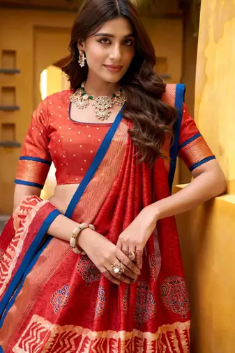 orange silk blend printed traditional lehenga choli