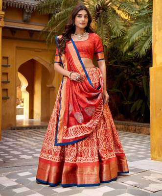 orange silk blend printed traditional lehenga choli 3