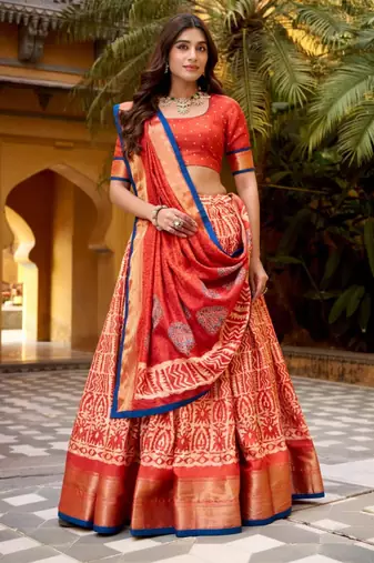 orange silk blend printed traditional lehenga choli