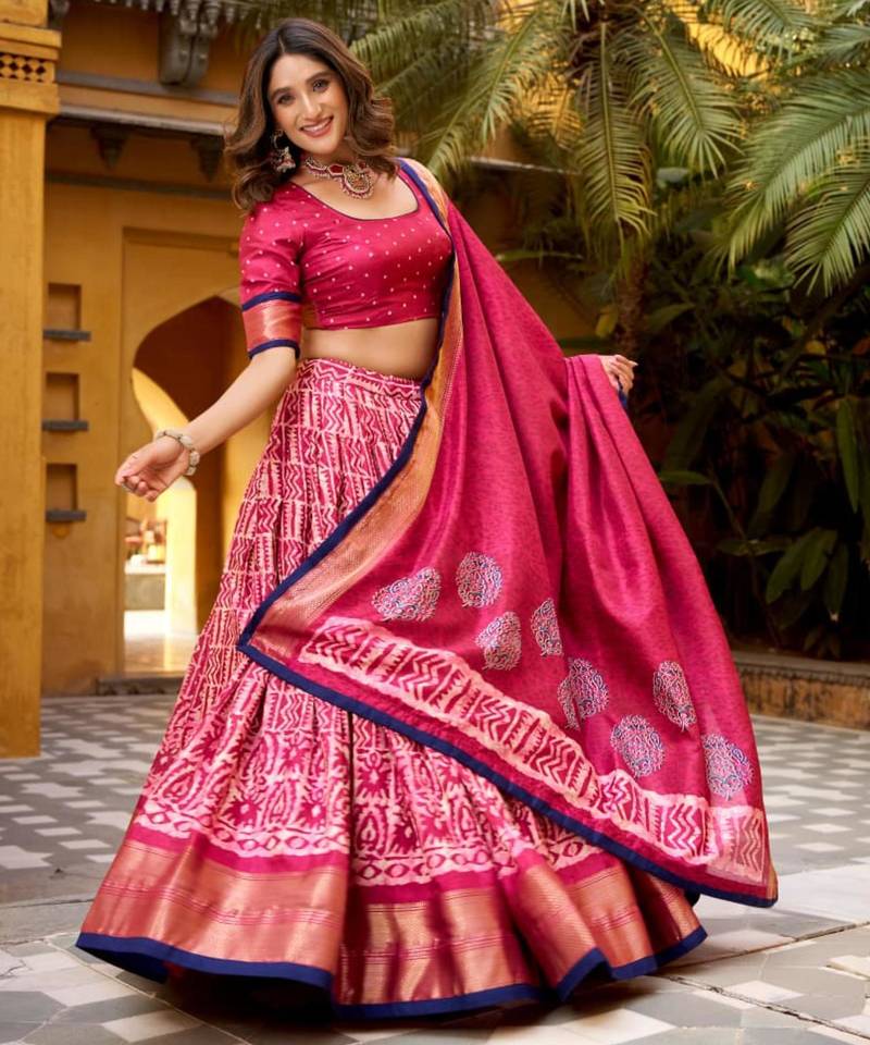 pink silk blend printed traditional lehenga choli