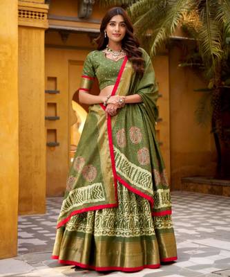 olive silk blend printed traditional lehenga choli 1