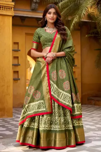 olive silk blend printed traditional lehenga choli