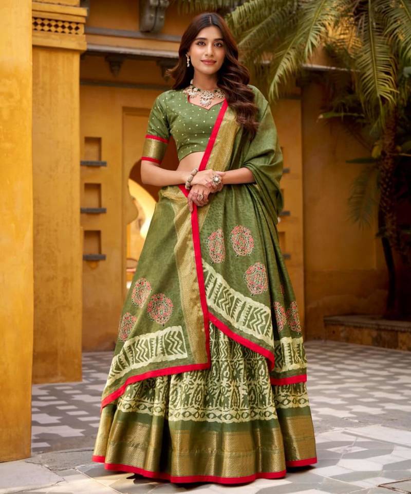 olive silk blend printed traditional lehenga choli
