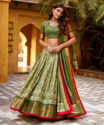 olive silk blend printed traditional lehenga choli 2