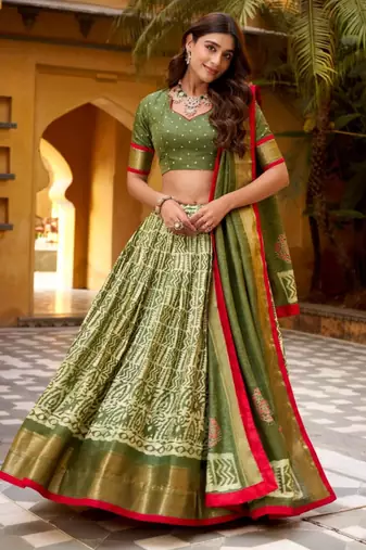 olive silk blend printed traditional lehenga choli
