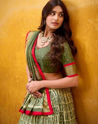 olive silk blend printed traditional lehenga choli 3