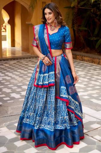 blue silk blend printed traditional lehenga choli