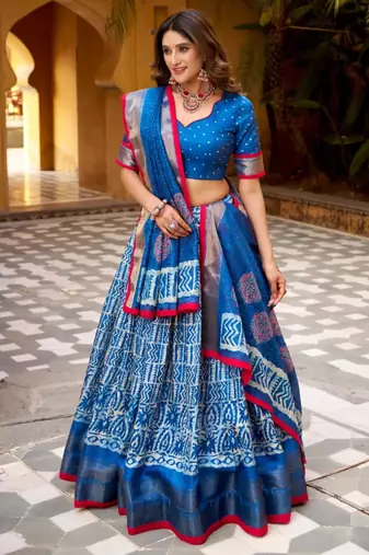 blue silk blend printed traditional lehenga choli